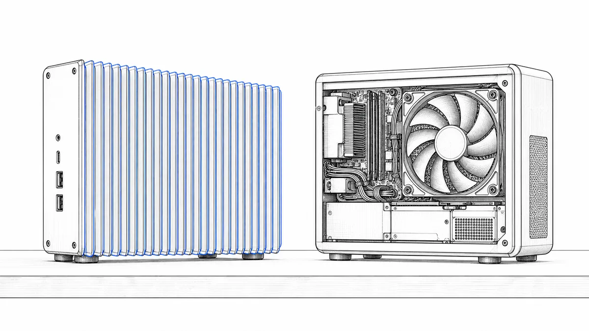 線画で、ファンのないヒートシンク一体型の小型PCと、口径の大きいファンを持つPCを並べて比較する俯瞰。文字やロゴは入れない
