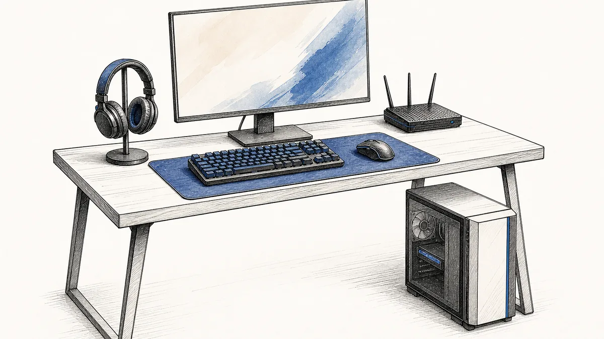 ゲーミングPC本体とモニタ・キーボード・周辺機器が並ぶ机まわり