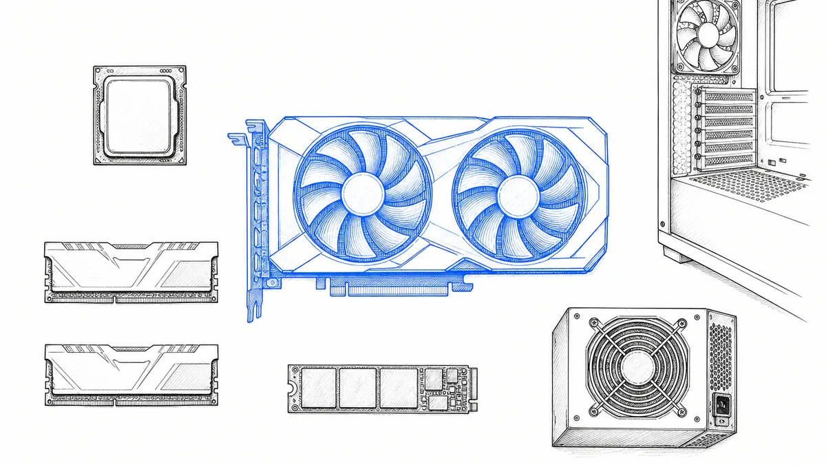 上から見た机の上に、青いグラフィックカードを中心としてCPU・メモリ・SSD・電源・ケースが並ぶ線画