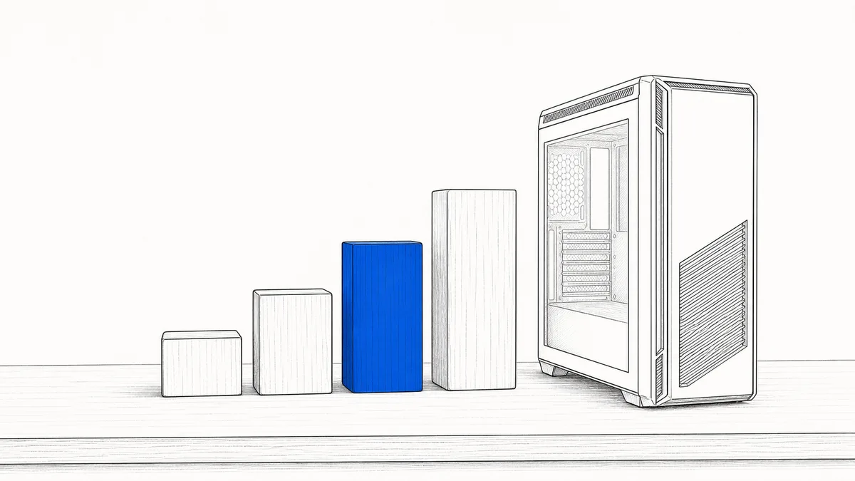 高さの違う4つのブロックの階段と、隣に置かれたタワー型ゲーミングPCの線画イラスト
