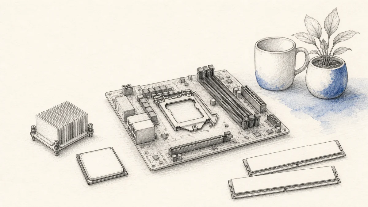 線画で描かれた自作PCのCPUとマザーボードのイメージ