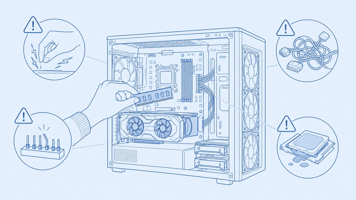 線画で、開いた自作PCケースに向かう手と、静電気の火花・曲がったピン・絡んだケーブルなどの小さな注意アイコン。文字やロゴは入れない