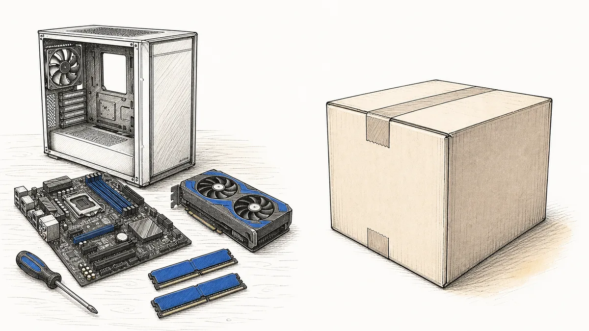 自作PCのパーツと、封のされたBTO完成品の箱を並べた対比