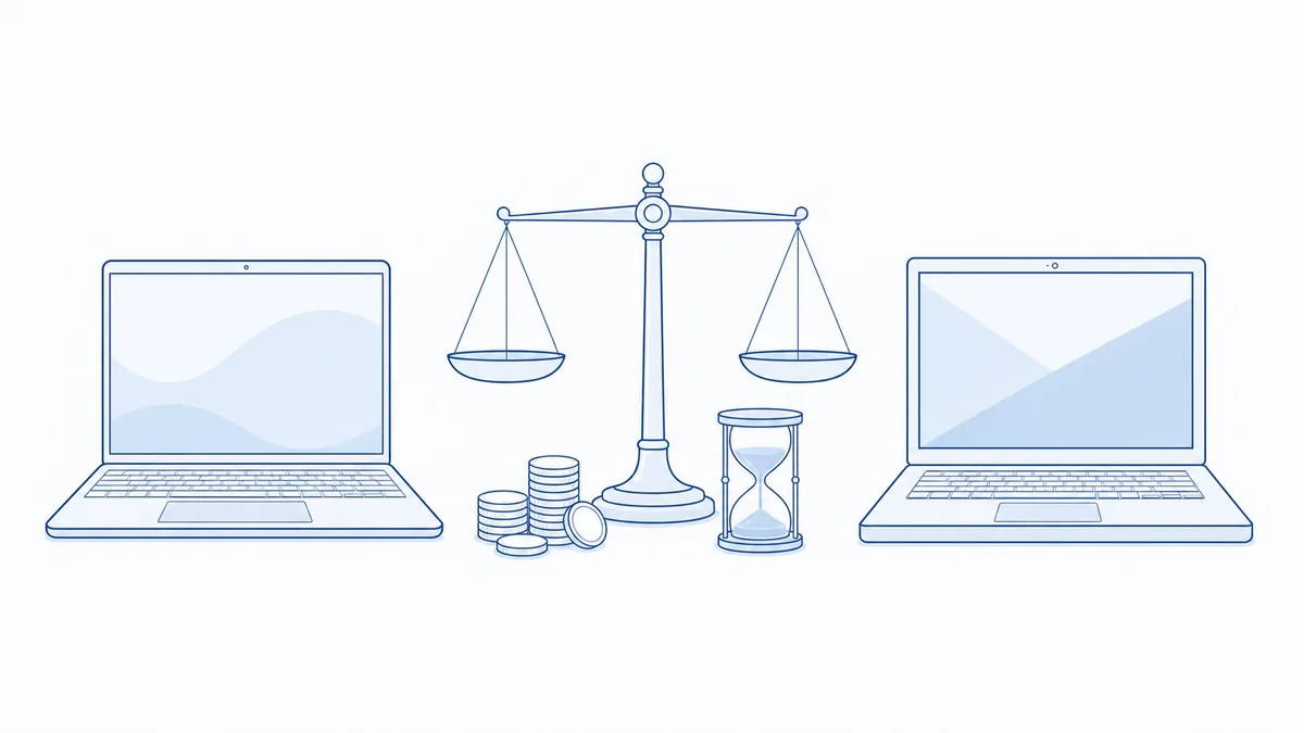 線画で、2種類のノートPCを並べて総コストを比べる天秤とコイン、時間を表す砂時計。ブランドのロゴやマーク、読める文字や数字は入れない