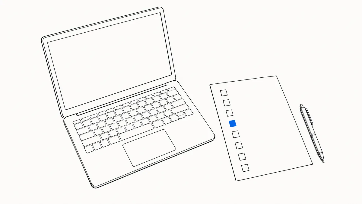 開いたノートPCと、空欄のチェックボックスが並ぶチェックリスト用紙とペンの線画イラスト