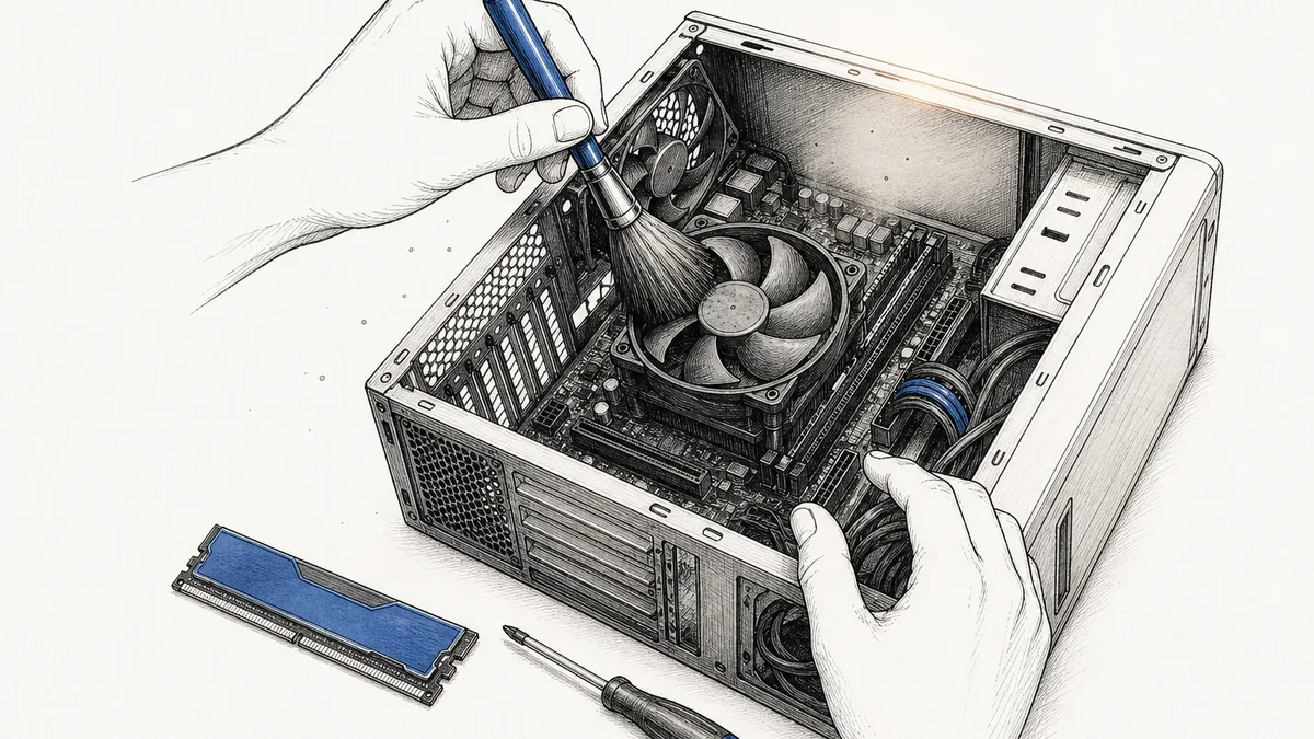 PCケースを開けて掃除・増設する手元と、ブラシや小さな部品