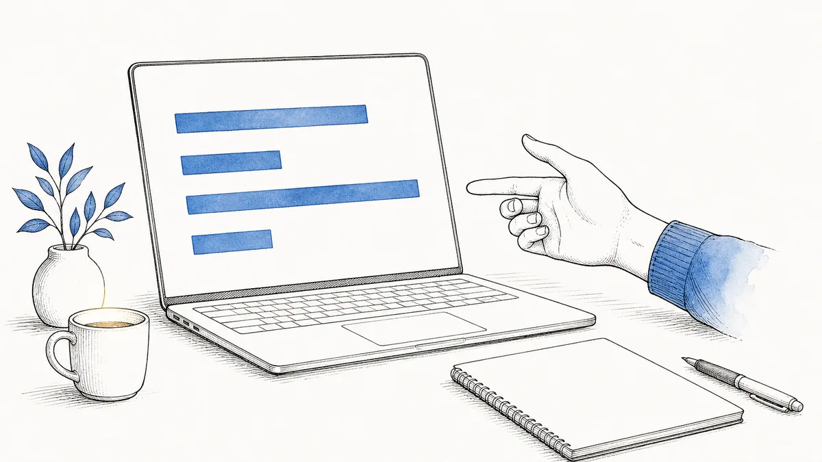 ノートPCの抽象的な画面表示を前に、用途を思い描く手元