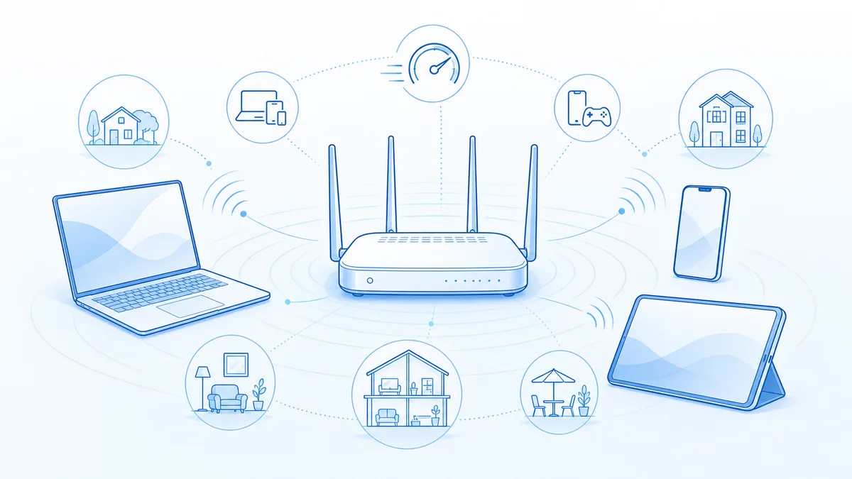 青系の線画で、Wi-Fiルーターと電波、複数の端末（PC・スマホ）、回線速度と対応・住環境を表すアイコン。買い替えを検討する様子。ブランドのロゴやマーク、読める文字や数字は入れない