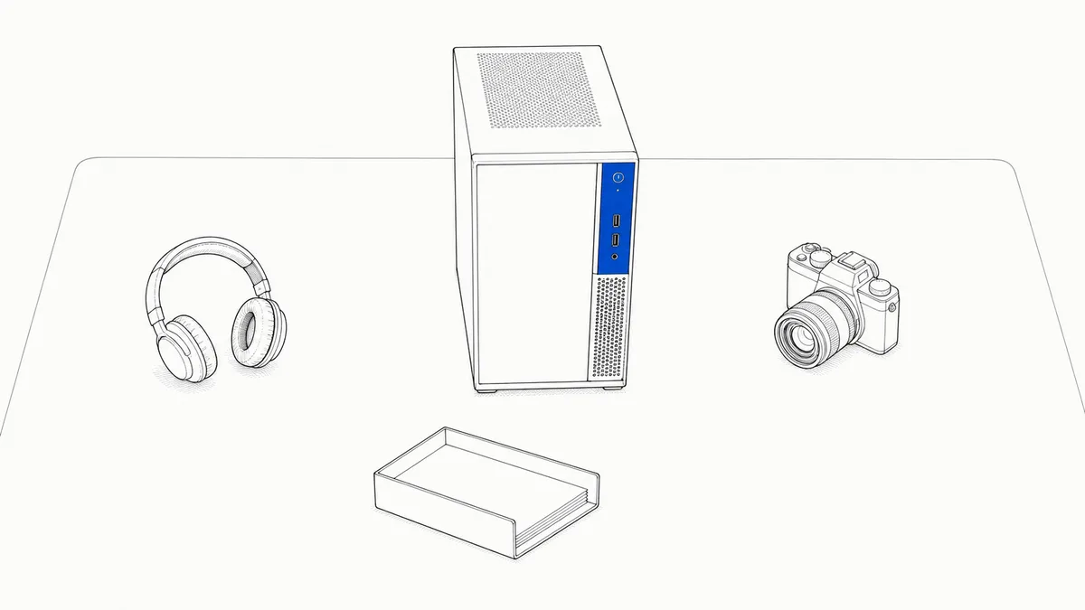 タワー型PCを中央に、ヘッドセット・カメラ・書類トレイが囲む机の線画イラスト