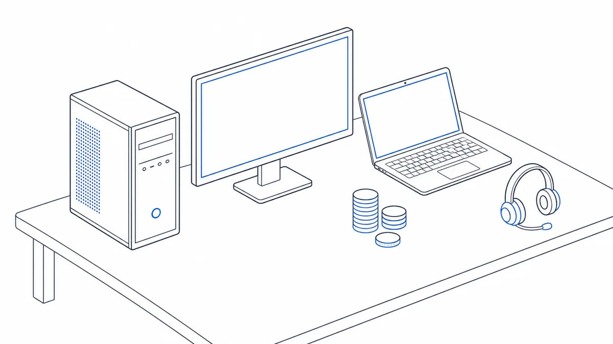 線画で、机上のデスクトップPCとノートPC、モニターを並べ、脇に予算を示す硬貨の重なりと在宅ワークを表す小さなヘッドセット。文字やロゴは入れない